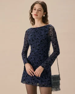 Women's Blue See-through Long Sleeve Mini Dress