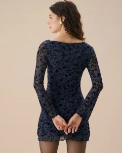 Women's Blue See-through Long Sleeve Mini Dress