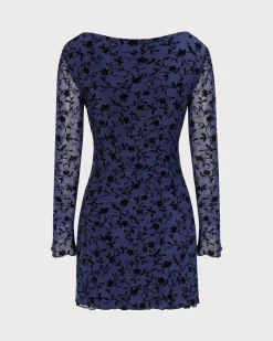 Women's Blue See-through Long Sleeve Mini Dress