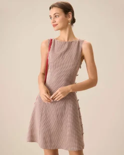Women's Boat Neck Brown Plaid Mini Dress