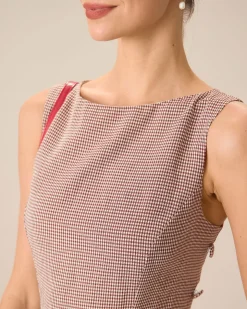 Women's Boat Neck Brown Plaid Mini Dress