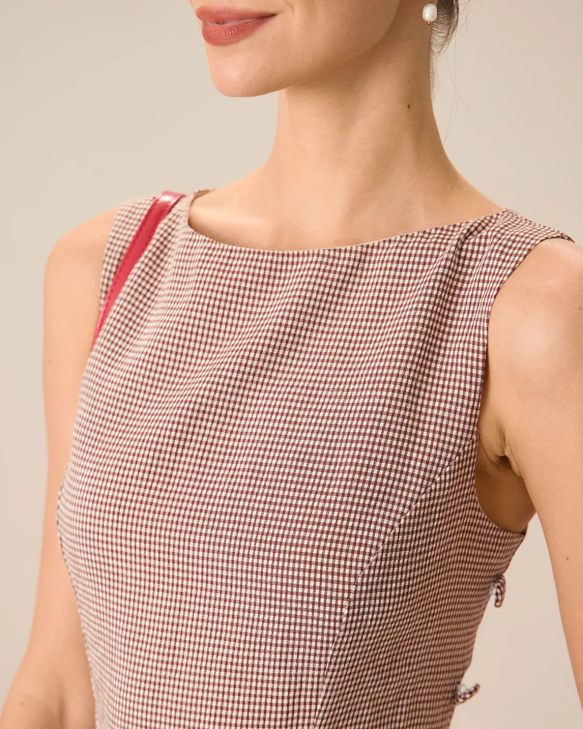 Women's Boat Neck Brown Plaid Mini Dress