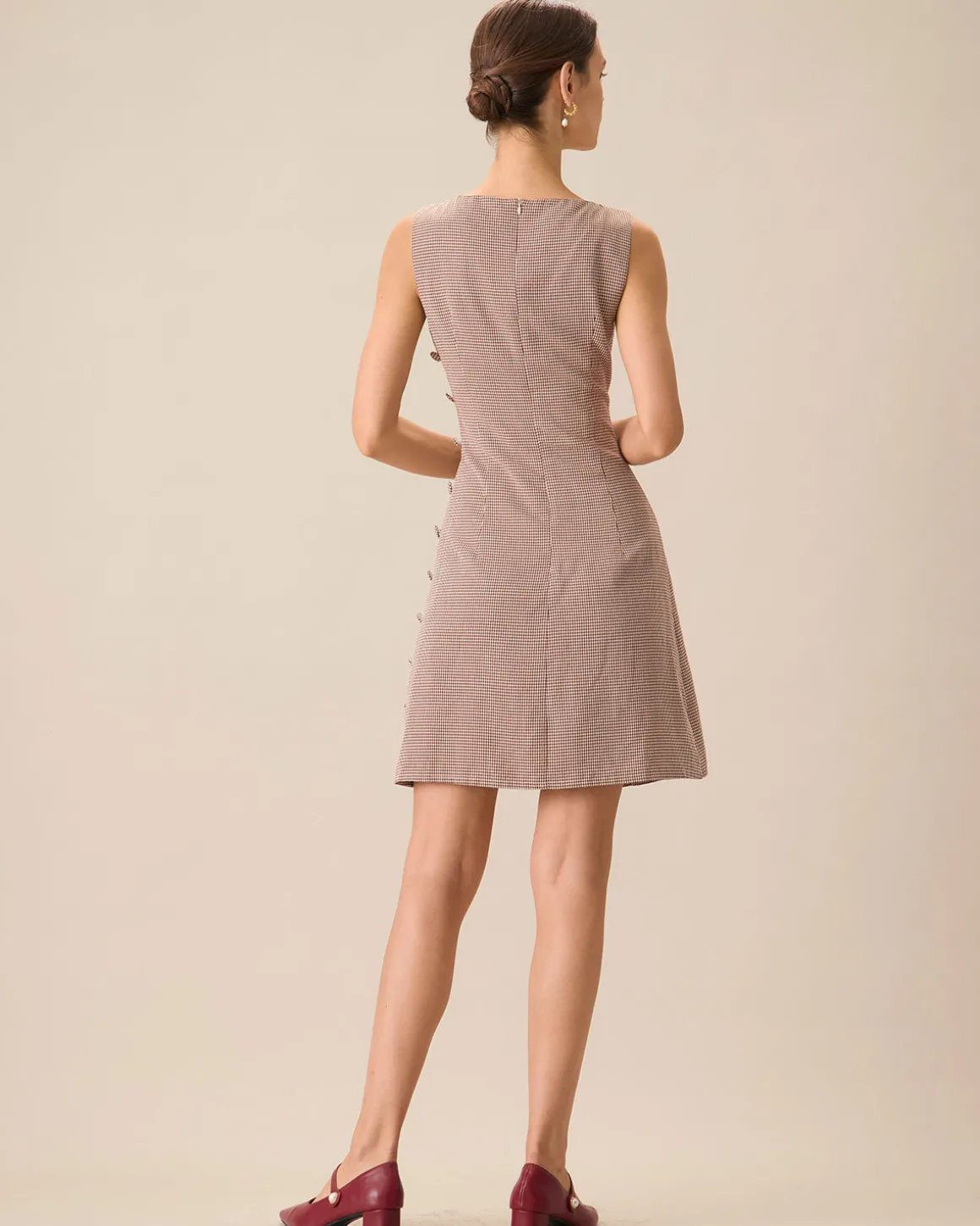 Women's Boat Neck Brown Plaid Mini Dress