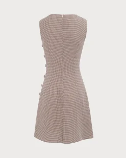 Women's Boat Neck Brown Plaid Mini Dress