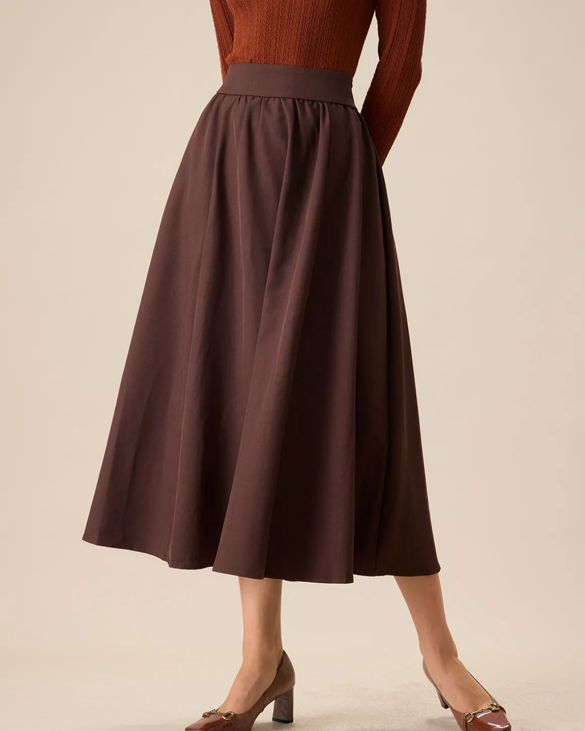 Women's Coffee High-waisted Pleated Midi Skirt