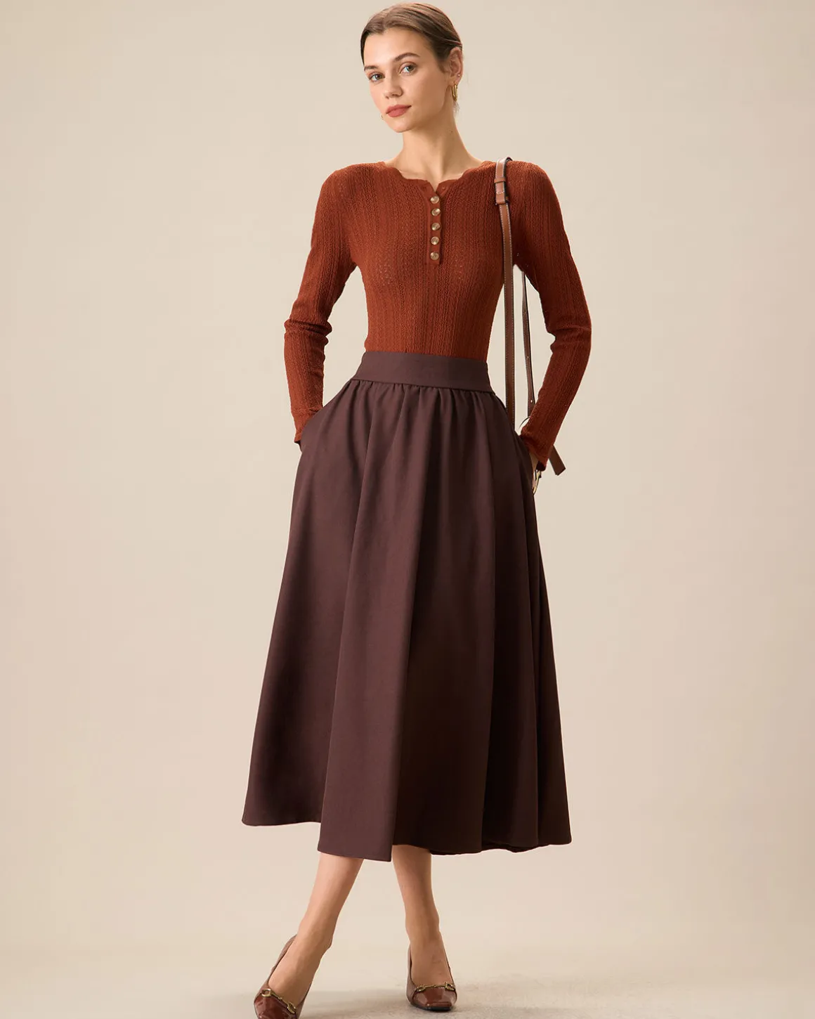 Women's Coffee High-waisted Pleated Midi Skirt