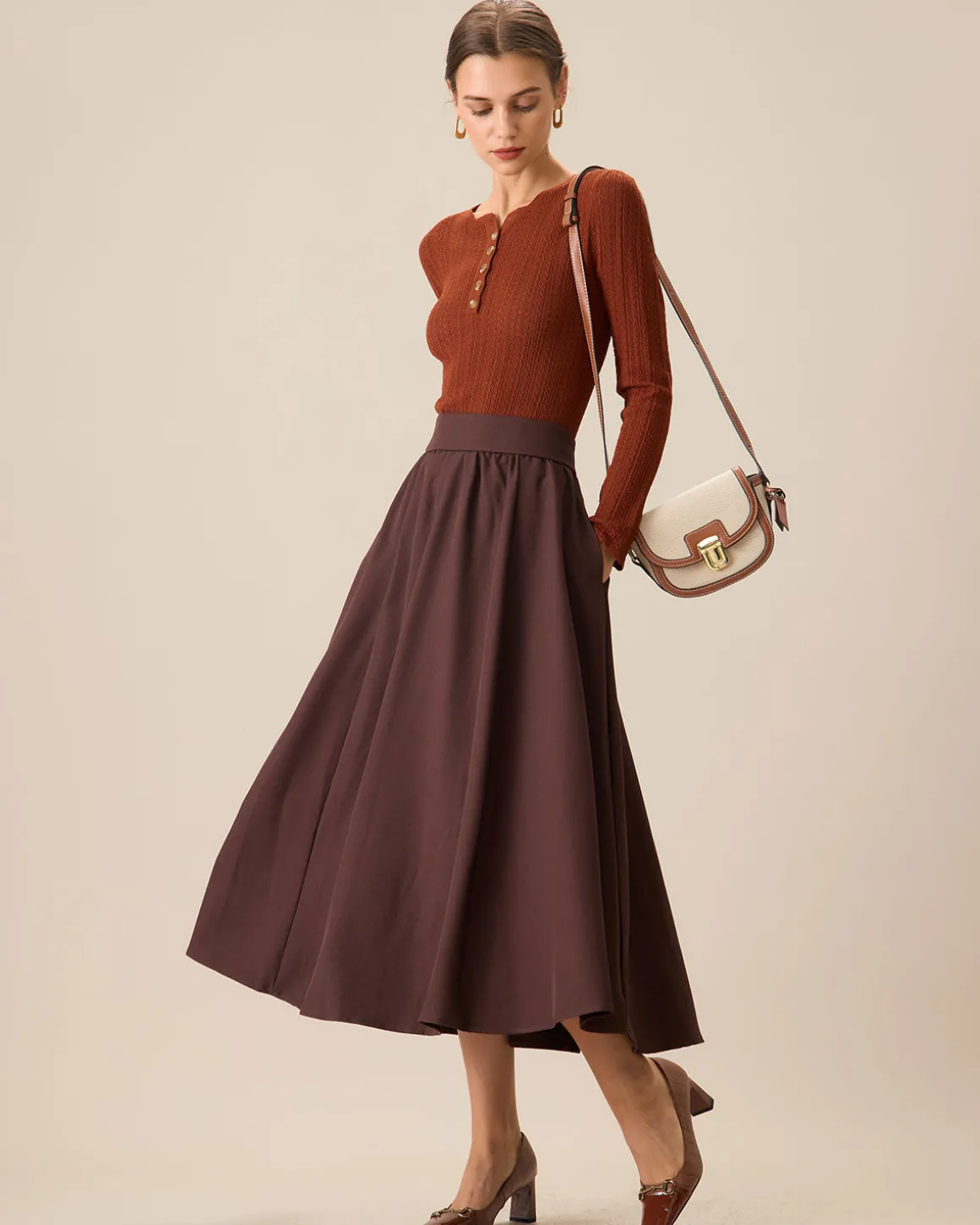 Women's Coffee High-waisted Pleated Midi Skirt