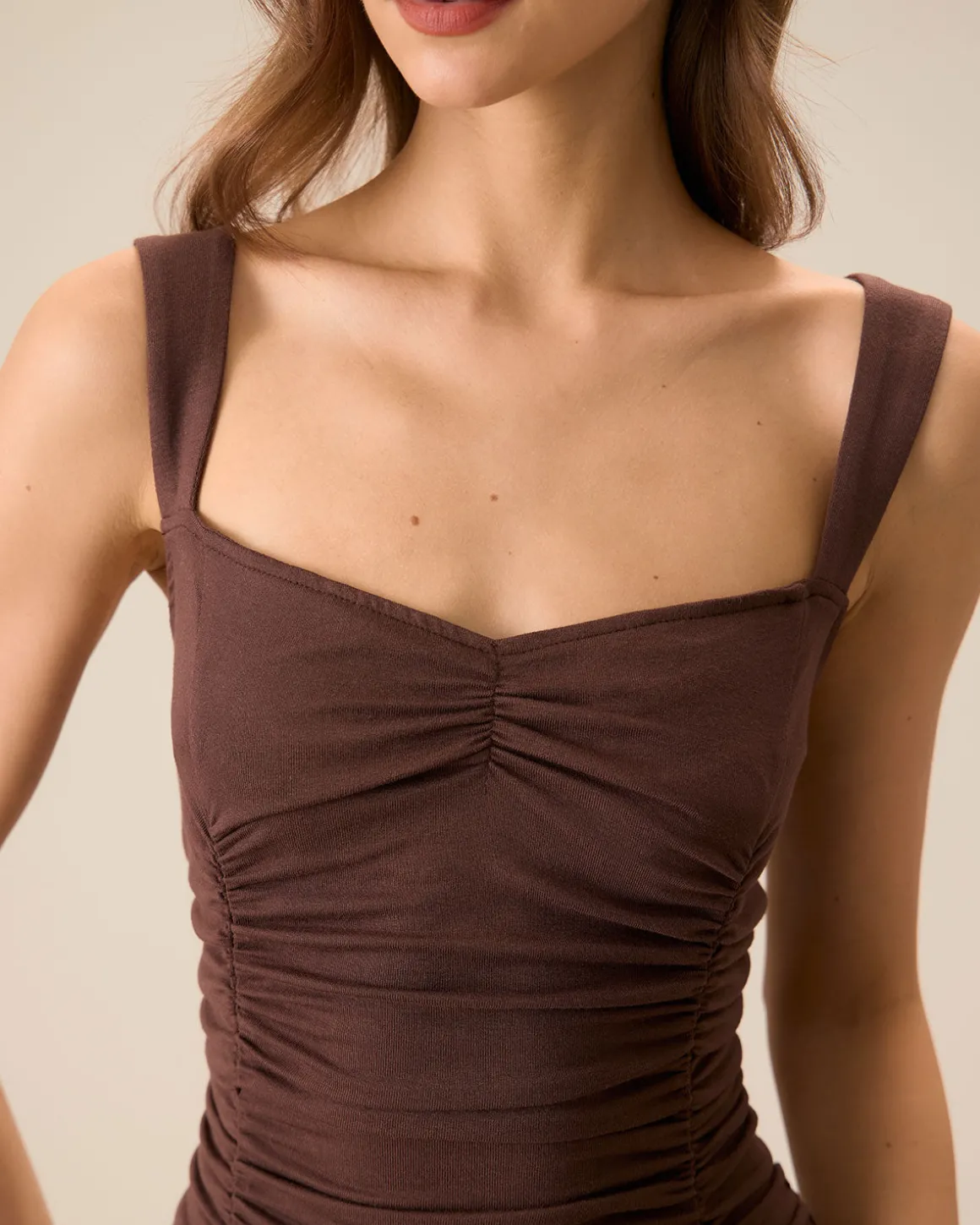Women's Coffee Ruched Knitted Slip Midi Dress