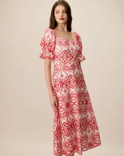 Women's Geometric Embroidery Ruffle Cotton Midi Dress