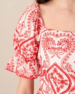 Women's Geometric Embroidery Ruffle Cotton Midi Dress