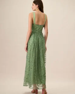 Women's Green Embroidery Mesh Slip Maxi Dress