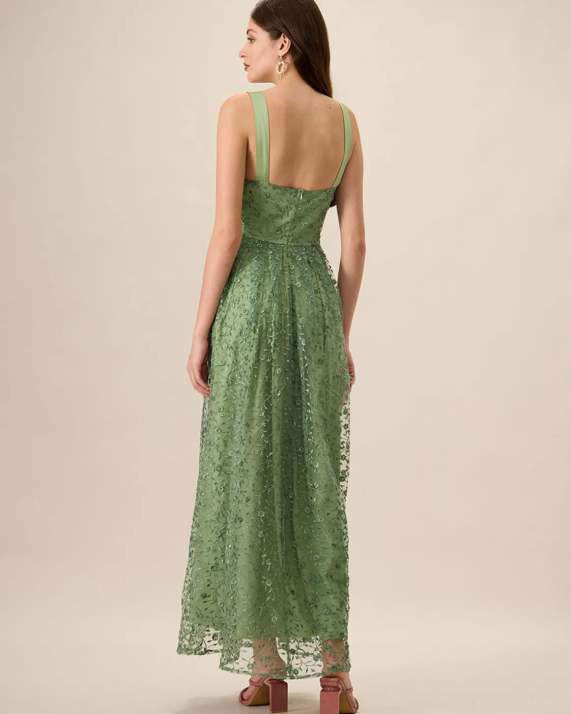 Women's Green Embroidery Mesh Slip Maxi Dress