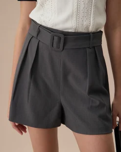 Women's Grey High-Waisted Belted Pleated Shorts