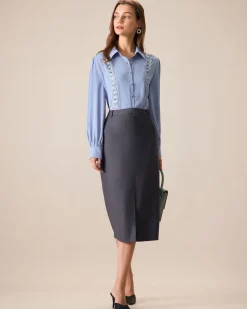 Women's Grey High-waisted Straight Slit Midi Skit