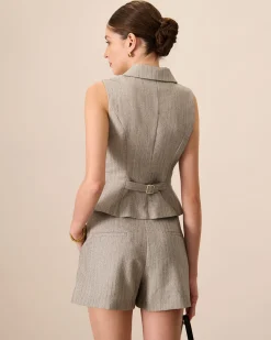 Women's Grey Lapel Pleated Pocket Shorts