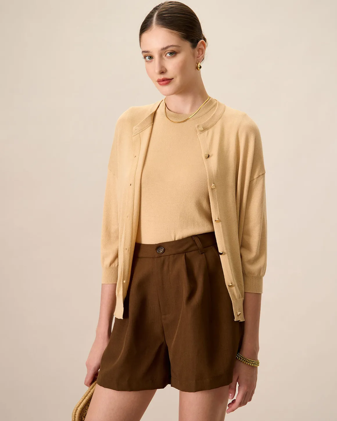 Women's Khaki Crew Neck Ribbed Tencel Cardigan