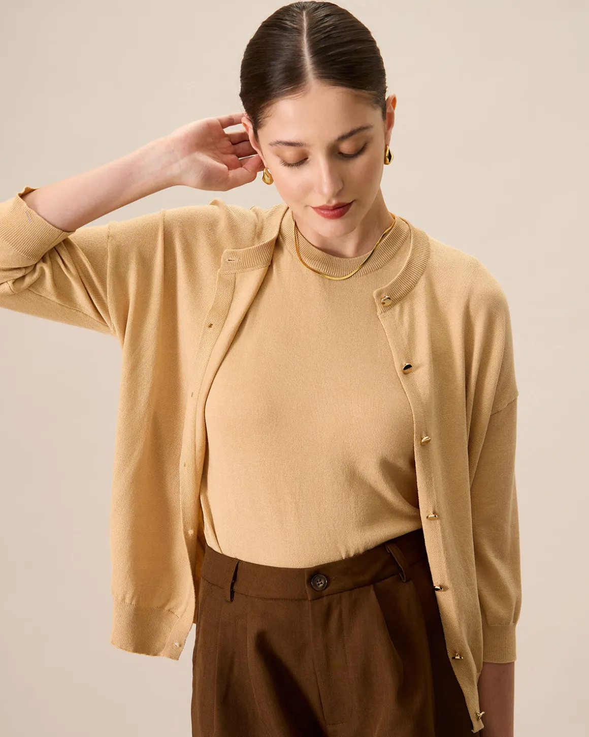 Women's Khaki Crew Neck Ribbed Tencel Cardigan