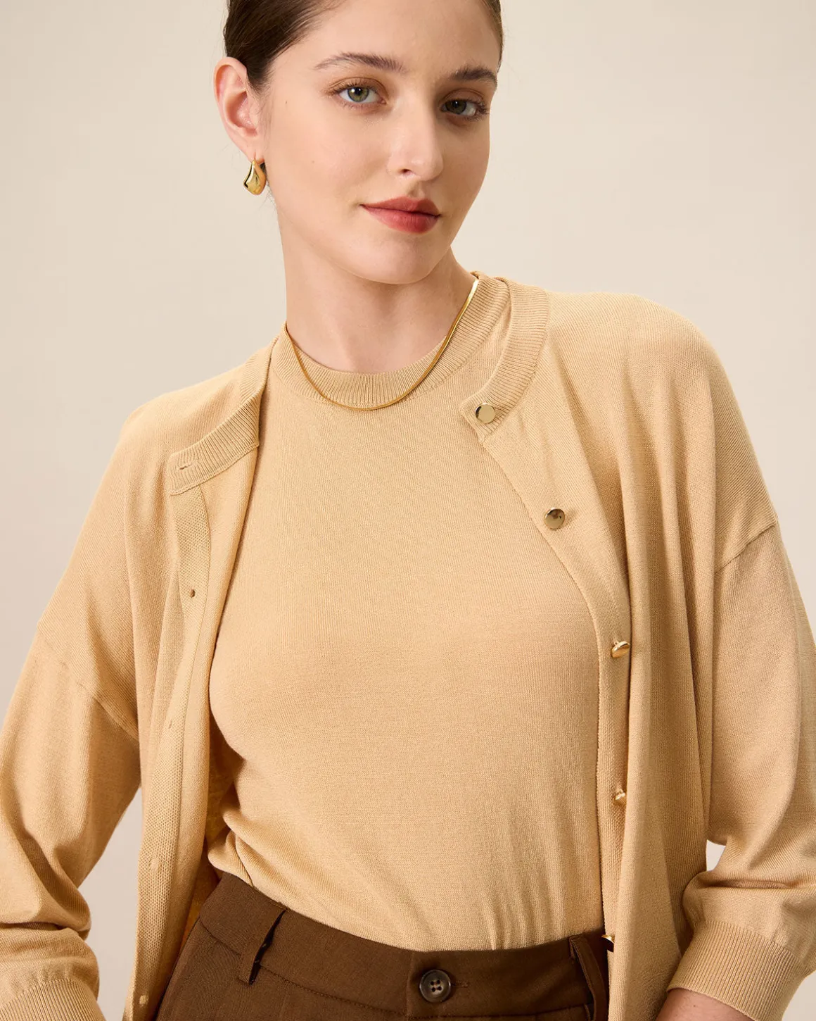 Women's Khaki Crew Neck Ribbed Tencel Cardigan