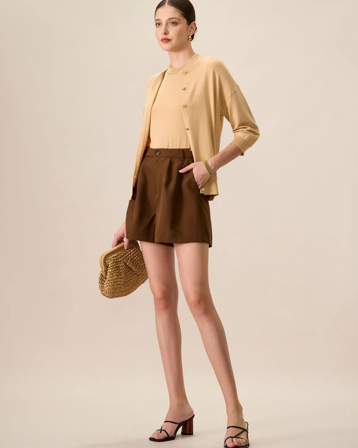 Women's Khaki Crew Neck Ribbed Tencel Cardigan