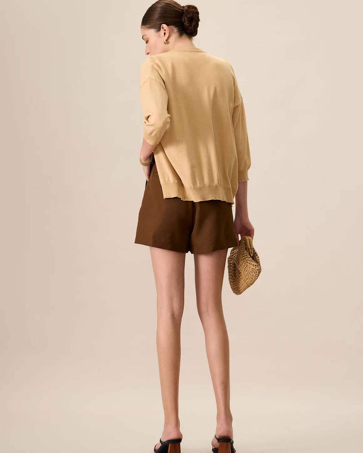 Women's Khaki Crew Neck Ribbed Tencel Cardigan