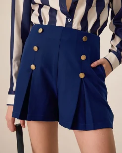 Women's Navy High-Waisted Pleated Shorts
