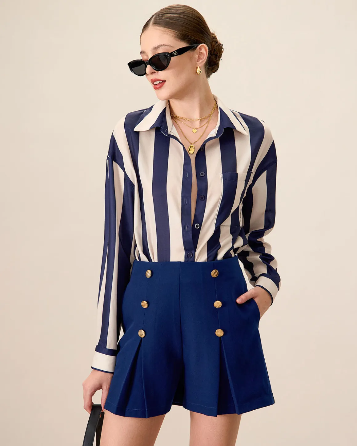 Women's Navy High-Waisted Pleated Shorts