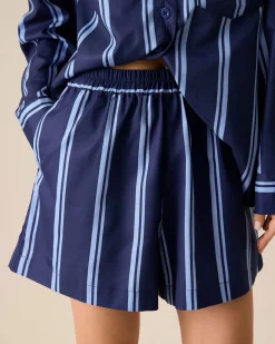 Women's Navy Striped Elastic Waist Shorts