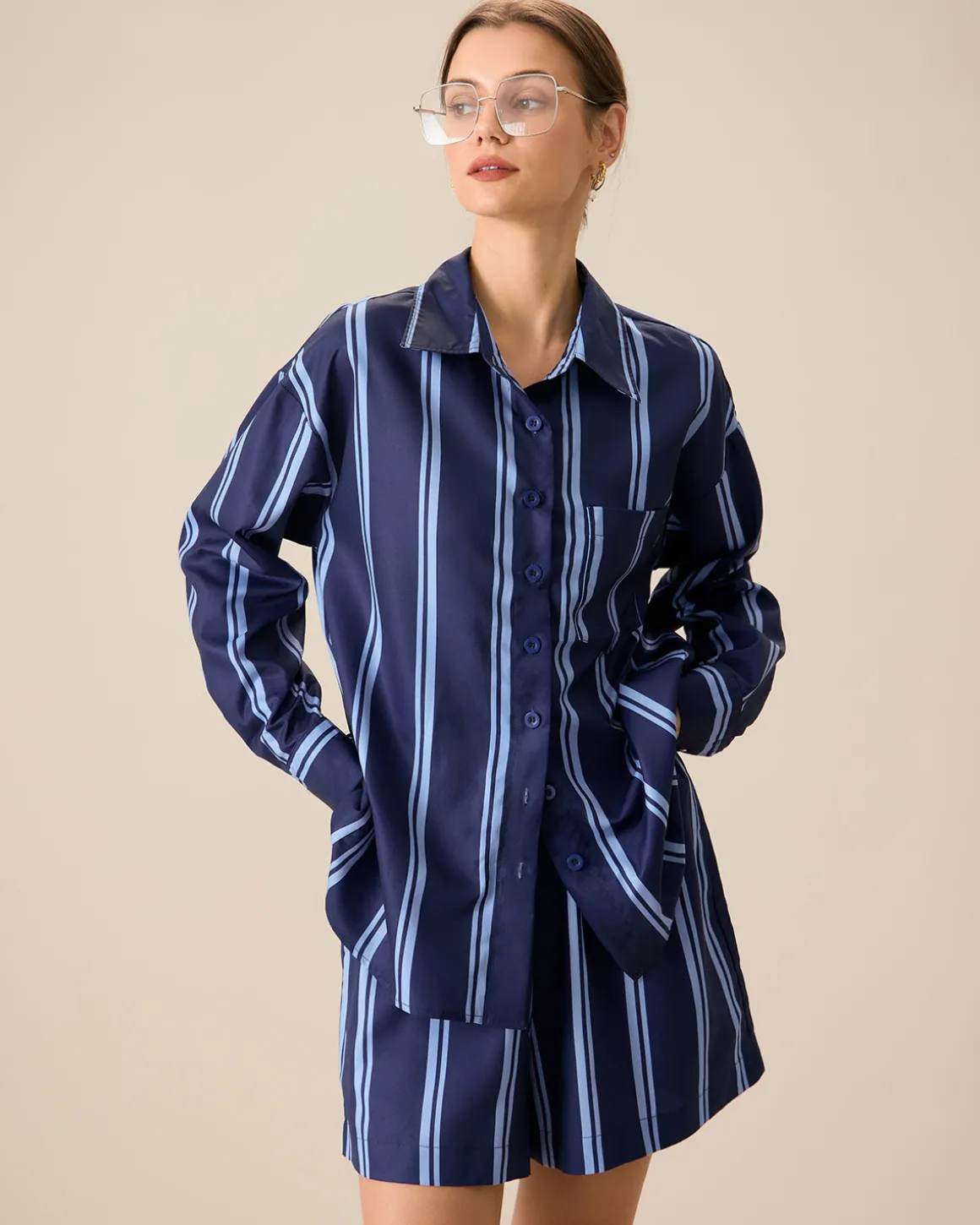 Women's Navy Striped Pocket Shirt
