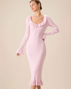 Women's Pink U-Neck Ruffle Bodycon Sweater Dress