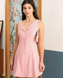 Women's Pink V-Neck Plaid Cotton Mini Dress