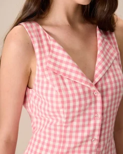 Women's Pink V-Neck Plaid Cotton Mini Dress