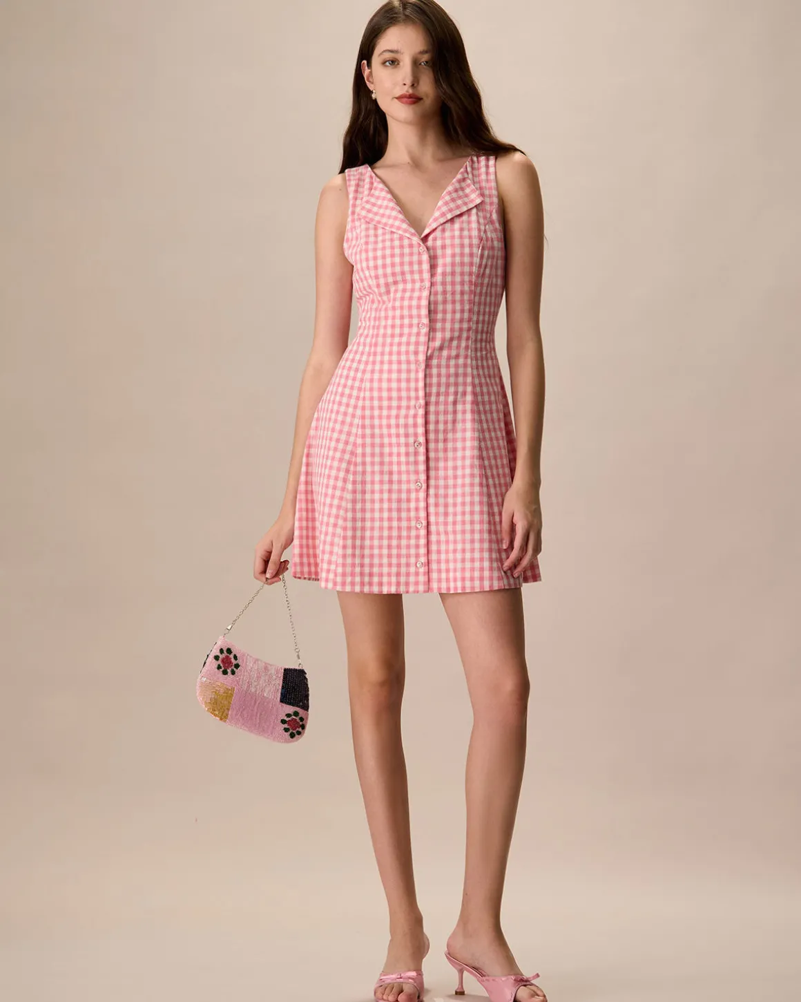 Women's Pink V-Neck Plaid Cotton Mini Dress
