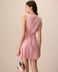 Women's Pink V-Neck Plaid Cotton Mini Dress