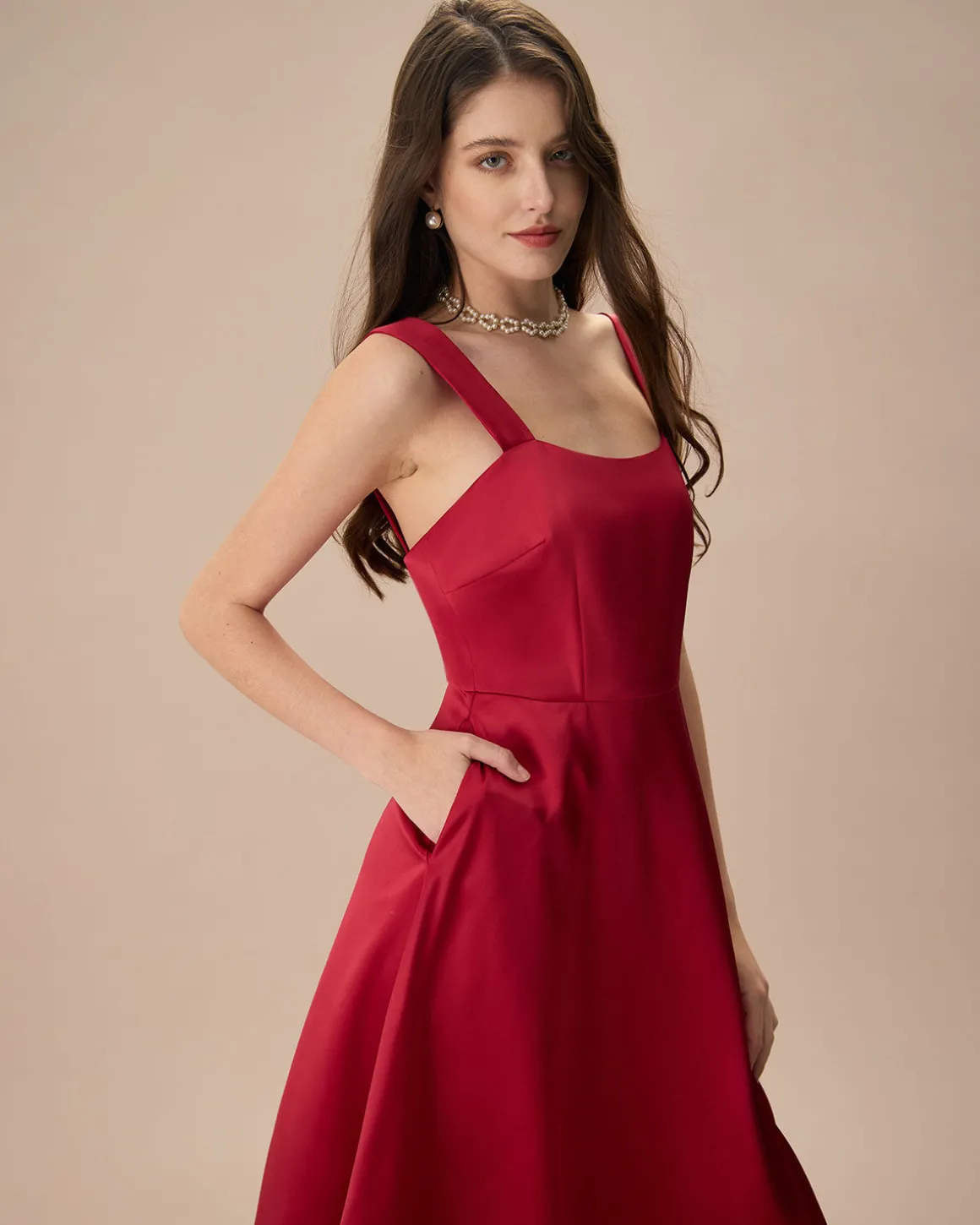 Women's Red Satin Slip Midi Dress