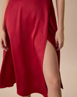 Women's Red Satin Slip Midi Dress