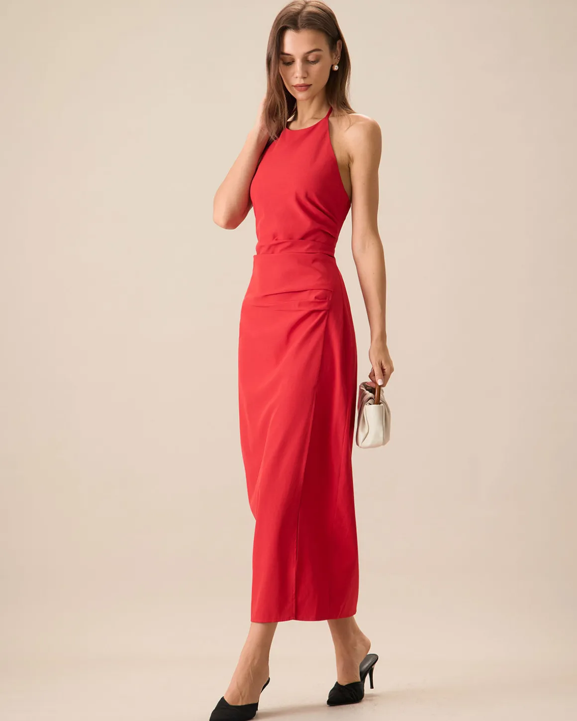Women's Red Shirred Halter Maxi Dress