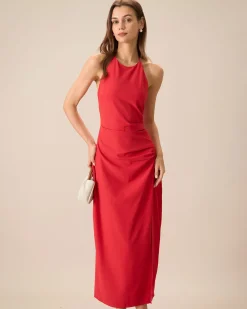 Women's Red Shirred Halter Maxi Dress
