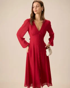Women's Red V-Neck Puff Sleeve Slit Midi Dress