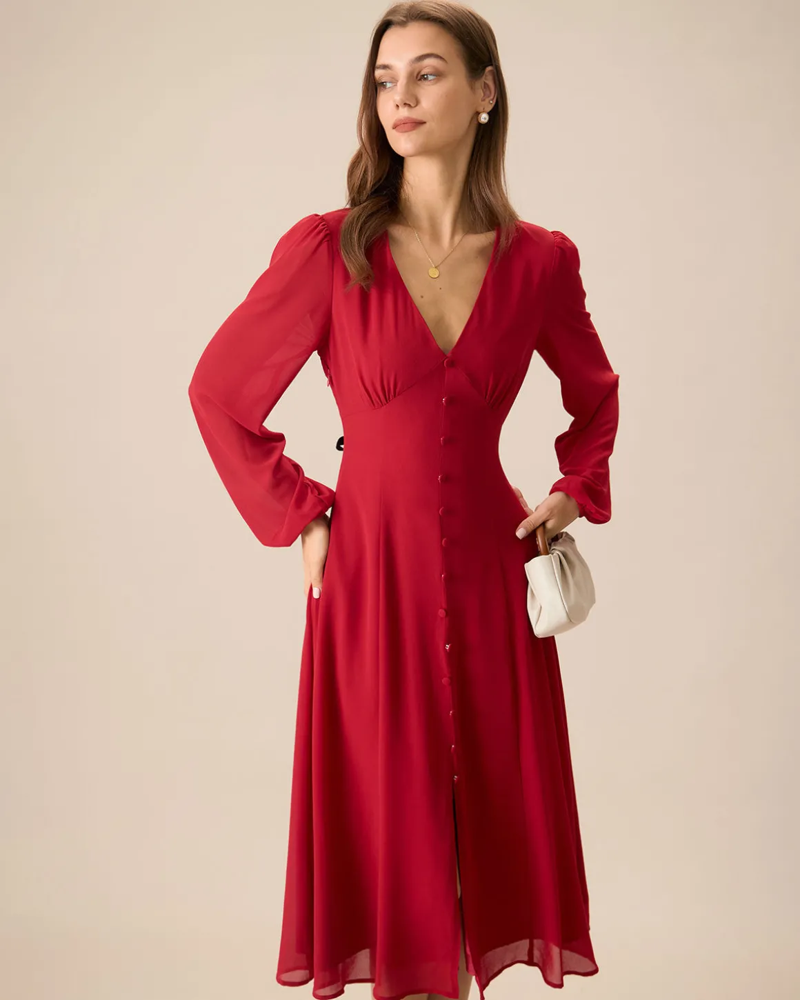 Women's Red V-Neck Puff Sleeve Slit Midi Dress