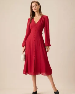 Women's Red V-Neck Puff Sleeve Slit Midi Dress