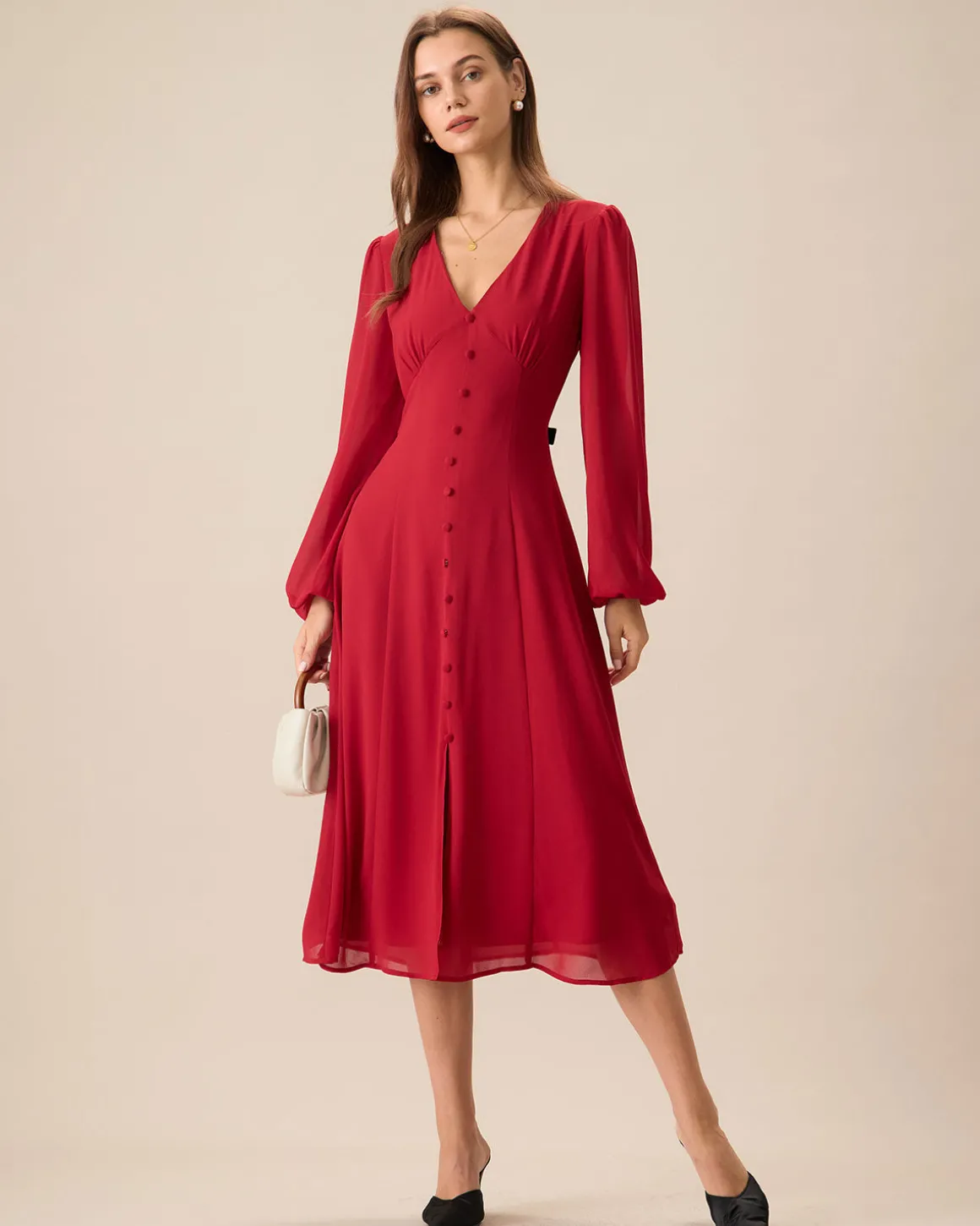 Women's Red V-Neck Puff Sleeve Slit Midi Dress