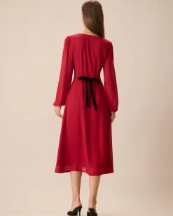 Women's Red V-Neck Puff Sleeve Slit Midi Dress