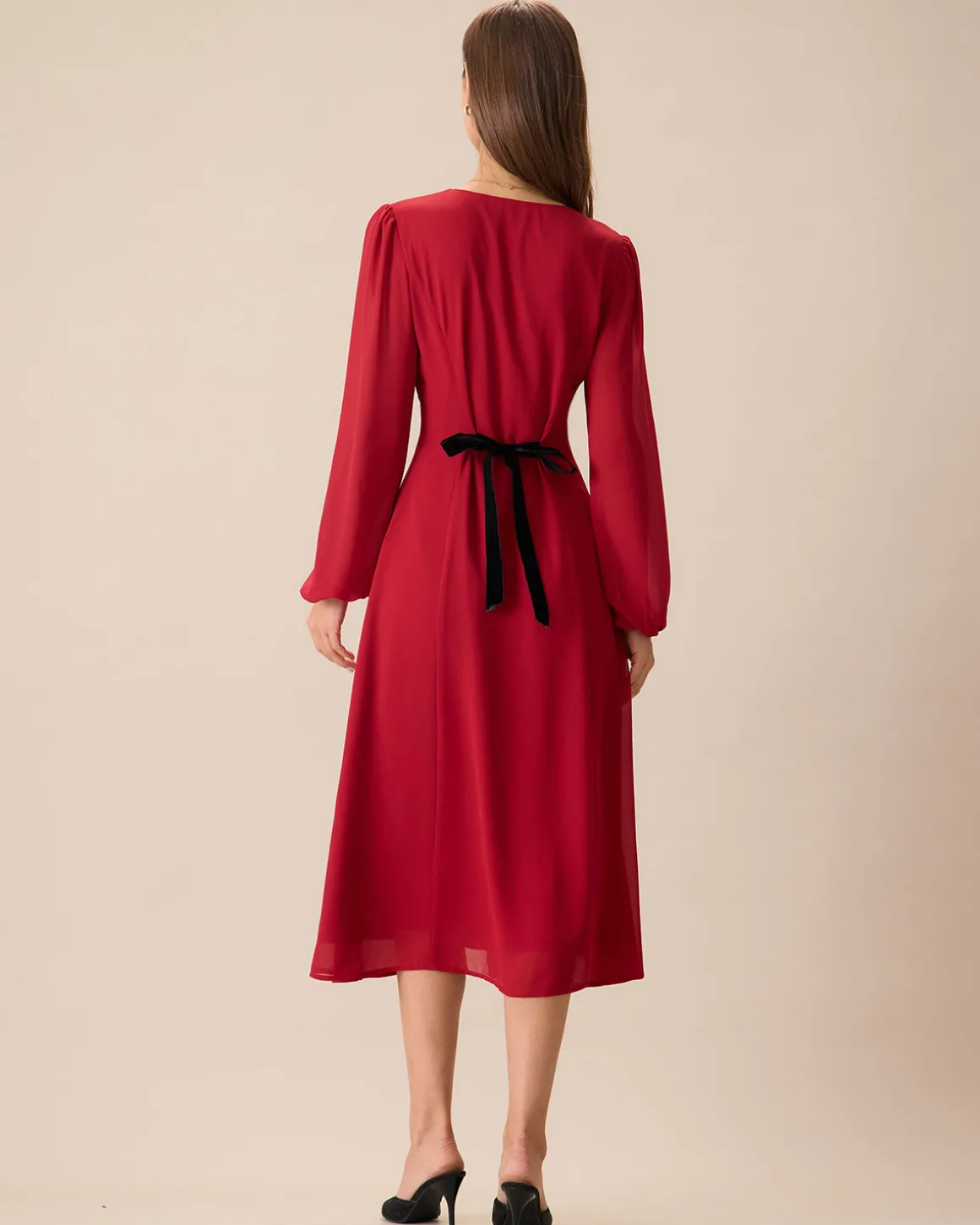 Women's Red V-Neck Puff Sleeve Slit Midi Dress