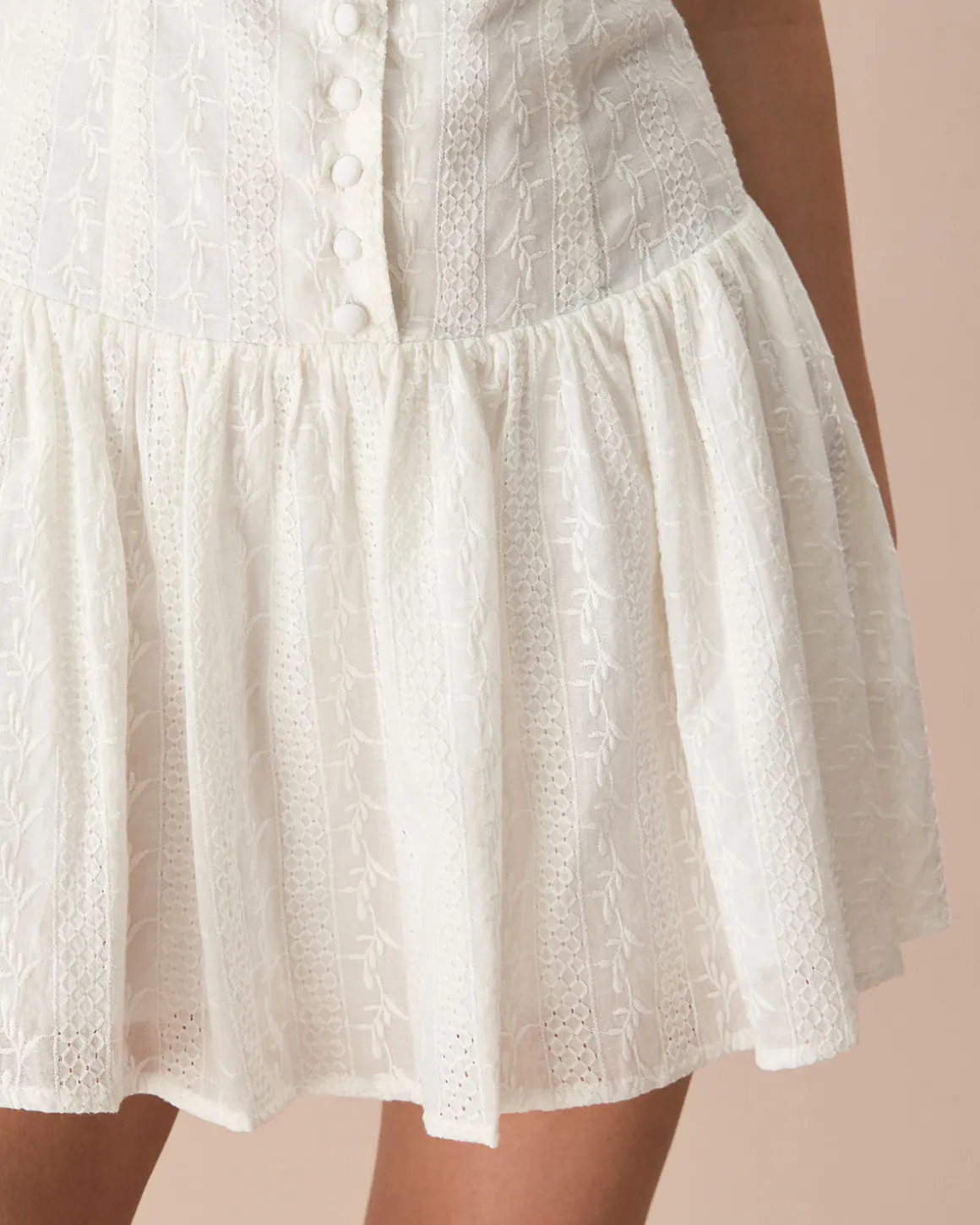 Women's White Boat Neck Jacquard Cotton Mini Dress