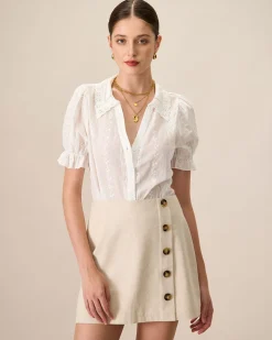 Women's White Collared Lace Embroidery Cotton Blouse