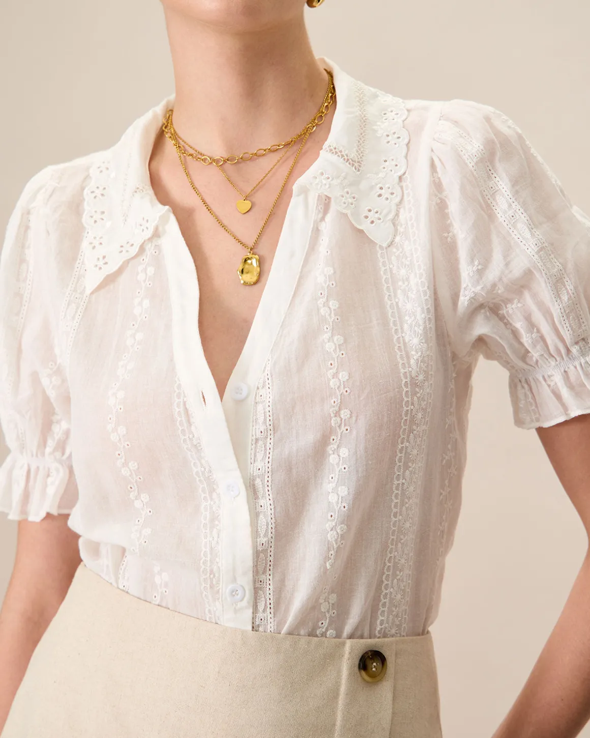 Women's White Collared Lace Embroidery Cotton Blouse