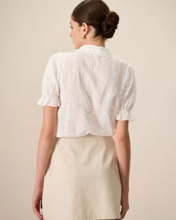 Women's White Collared Lace Embroidery Cotton Blouse