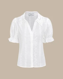 Women's White Collared Lace Embroidery Cotton Blouse