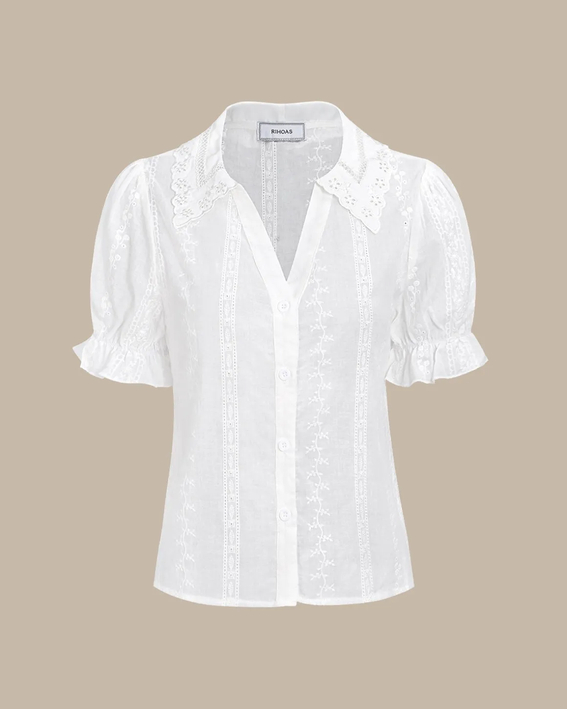 Women's White Collared Lace Embroidery Cotton Blouse