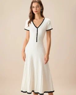 Women's White Contrasting Sweater Midi Dress